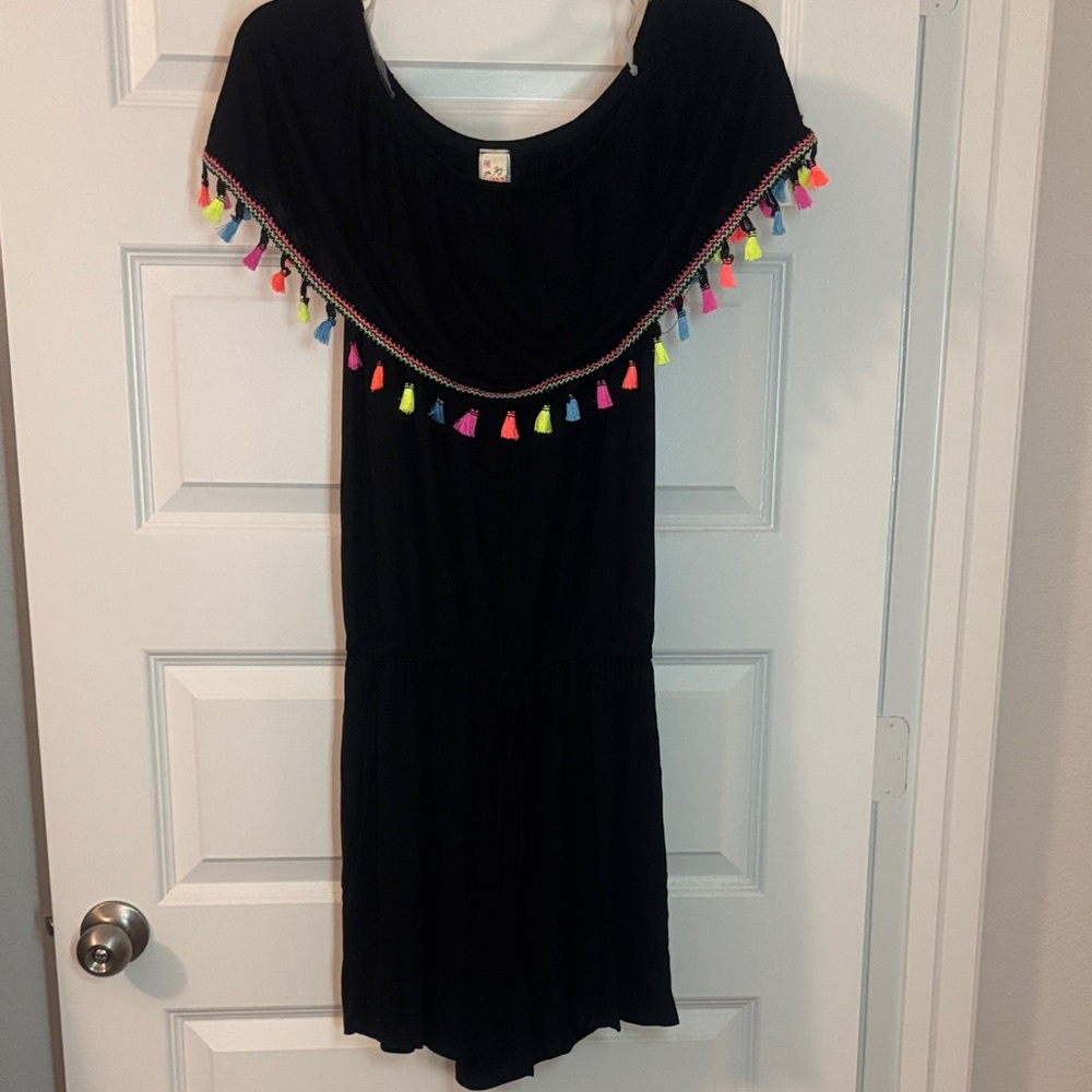 7th RAY Black multi Tassel Romper off shoulder SZ XL w/pockets vacay resort NWT